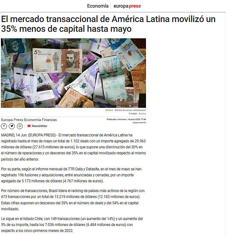 El mercado transaccional de Amrica Latina moviliz un 35% menos de capital hasta mayo
